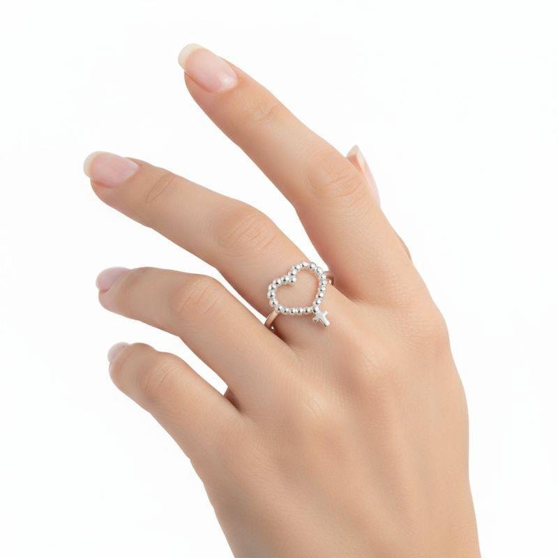 ANEL CORAÇÃO COM CRUZ DE PRATA