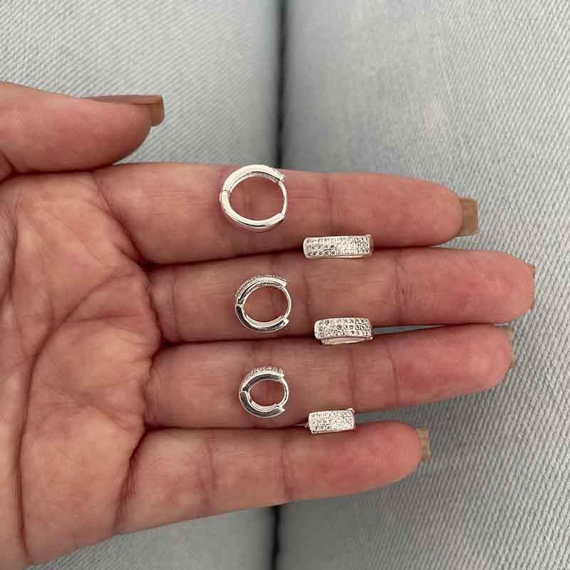 BRINCO TRIO ARGOLINHA CRAVEJADA DE PRATA