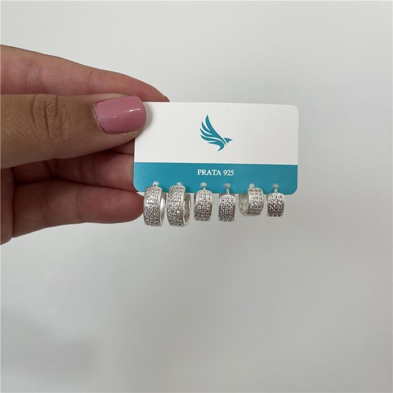 BRINCO TRIO ARGOLA CRAVEJADA DE PRATA