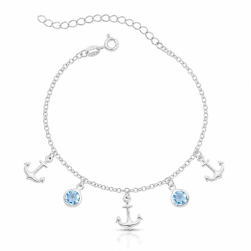PULSEIRA ELO PORTUGUÊS COM PINGENTES DE ÂNCORA E ZIRCÔNIAS PRATA 925