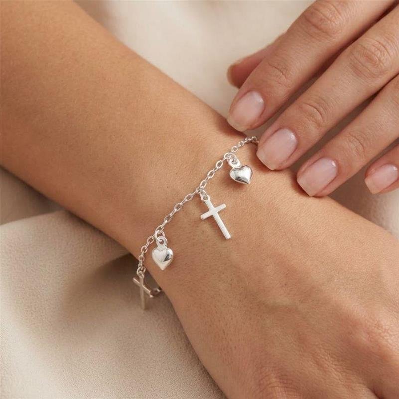 PULSEIRA CORAÇÃO COM CRUZ DE PRATA